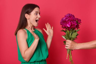 Etkilenmiş güzel esmer kızın stüdyo çekimi ellerini kaldırıyor, gözlerini ve ağzını geniş bir şekilde açıyor, parlak şakayıklar hediye edildiğinde şaşırıyor, elinde çiçekler tutan bilinmeyen bir el. Şimdiki konsept.