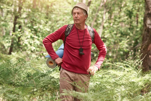 Außenporträt eines alten Touristen, der im Wald ist, hält inne, schaut zur Seite, findet den richtigen Weg, steht neben Baum und Andenken an Hüften. Aktiver Lebensstil, Abenteuer und Reisekonzept. — Stockfoto