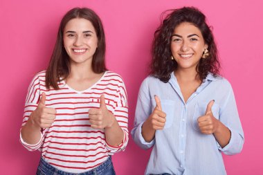 Kıvırcık saçlı esmer ve çekici bir arkadaşın samimi bir şekilde gülümsemesi, el kaldırması, jestler yapması, stüdyodaki pembe arka planda izole edilmiş bir işaret göstermesi. Duygular konsepti.