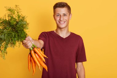 Sarı arka planda izole edilmiş yeşil havuç tutan yakışıklı bir adam resmi. Sarı arka planda izole edilmiş kestane rengi tişört giymiş. Sağlıklı beslenme ve beslenme konsepti.