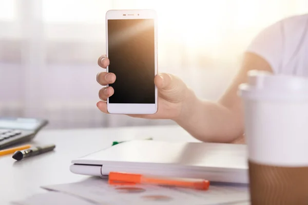 Close Portrait Unknown Woman Hand Presenting Smartphone Empty Black Screen — Stock Photo, Image