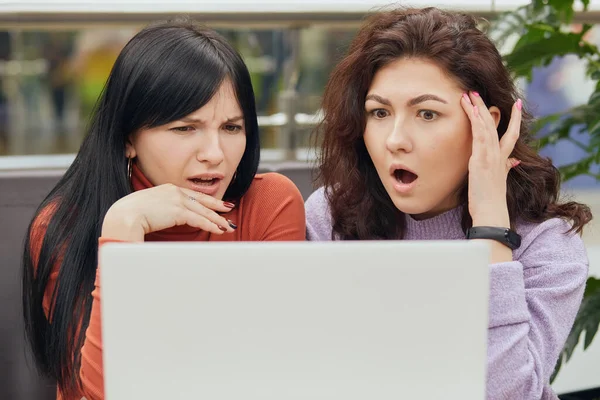 Image Surprised Impressed Lovely Brunettes Opening Mouth Widely Looking Laptop — Stock Photo, Image