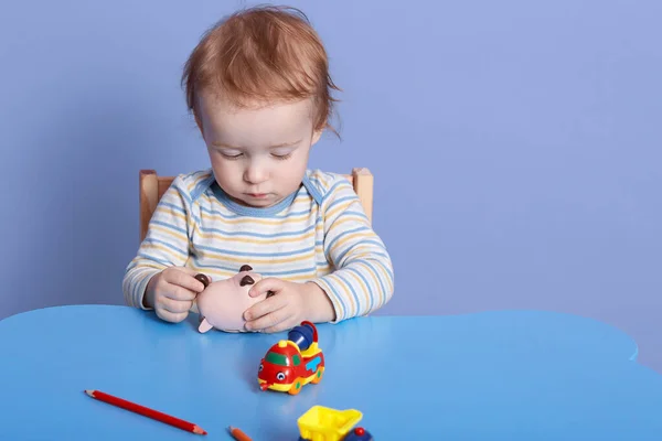 Close Portrait Little Child Fair Hair Being Concentrated Toys Holding — Stock Photo, Image