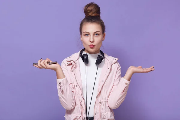 Indoor Shot Teenager Caucasian Woman Wears White Shirt Pink Jacket — Stock Photo, Image