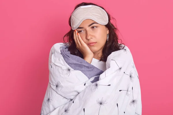 Tired Woman Standing Palm Cheek Looking Aside Exhausted Facial Expression — Stock Photo, Image