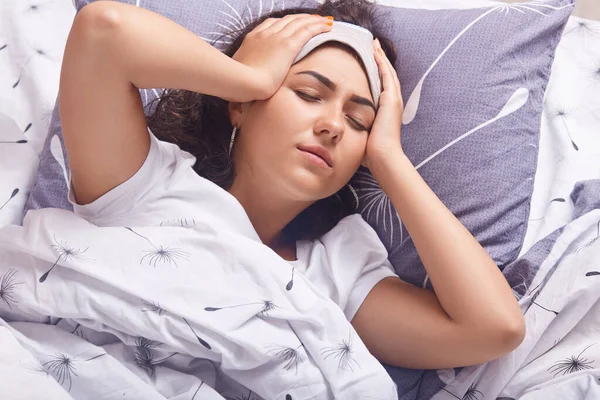 Indoor Shot Brunette Lady Blindfold Her Forehead Lying Closed Eyes — Stock Photo, Image