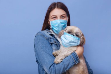 Elinde köpek olan koyu renk saçlı bir kadın görüntüsü, eğlence olsun diye evcil hayvanına yüz maskesi takan bir kadın, mavi stüdyo arka planında izole edilmiş poz, virüsten koruyor. Corona virüsü, covid19, karantina konsepti.
