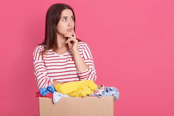 Studio Shot Pensive Woman Dark Hair Keeping Finger Cheek Looking — Stock Photo, Image