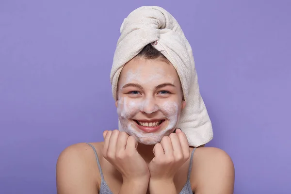 Close Portrait Cheerful Good Looking Sweet Young Lady Having Rolled — Stock Photo, Image