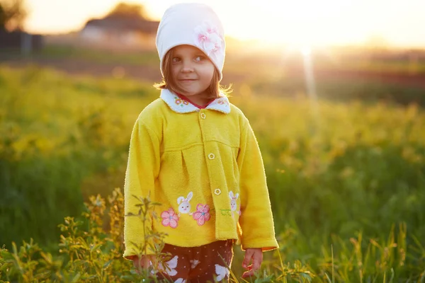 Outdoor Shot Little Charming Female Child Posing Meadow Surrounded Flowers — Stock Photo, Image