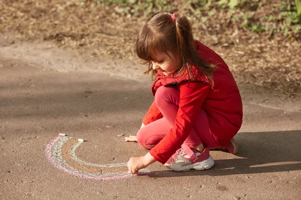 Little Cute Female Kid Drawing Rainbow Asphalt Road Charming Girl — Stock Photo, Image