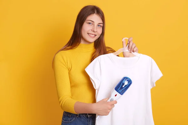 Closeup Portrait Smiling Lady Hangers Hands Adorable Smiling Girl Ironing — Stock Photo, Image