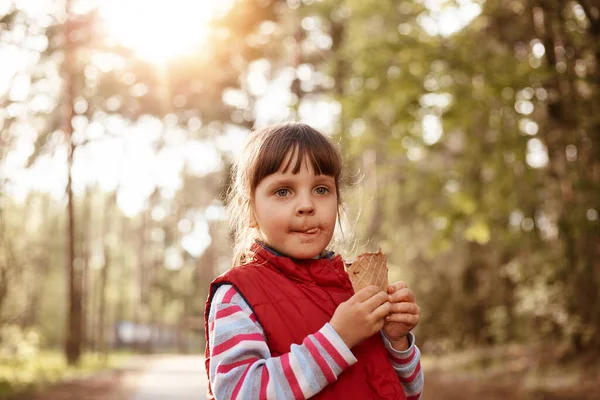 Portrait Pretty Playful Obedient Kid Looking Ahead Holding Ice Cream — Stock Photo, Image