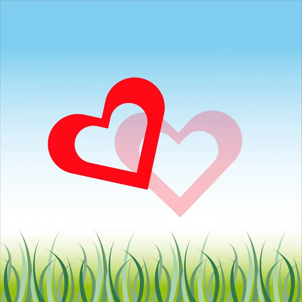 Corações dos namorados em azul fundo branco com grama — Vetor de Stock