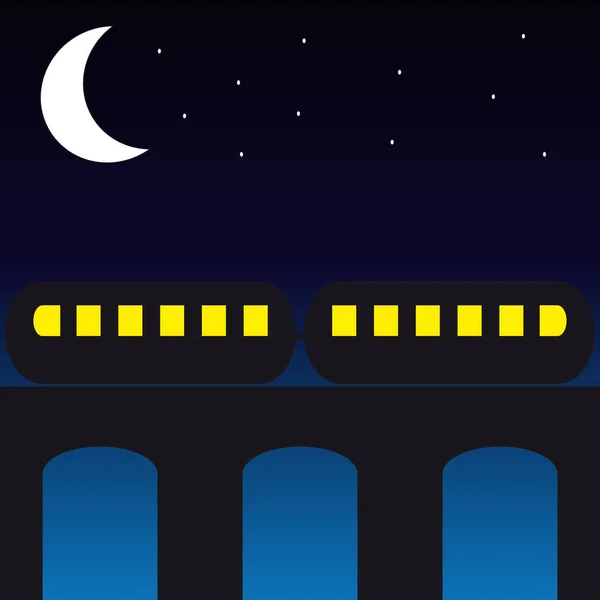 Tren en el puente por la noche — Vector de stock