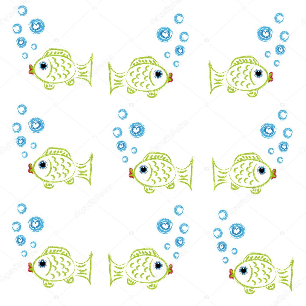 Carps with bubbles on white background