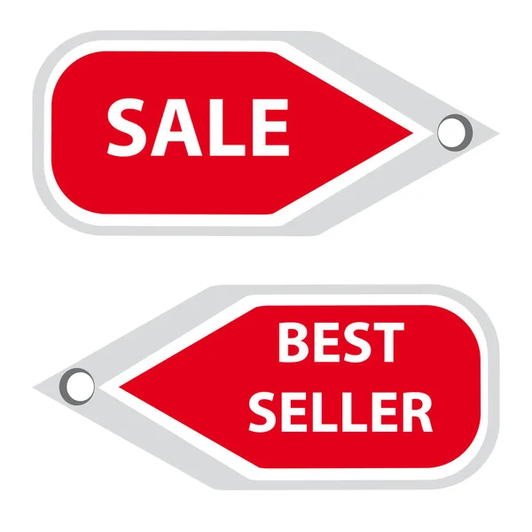 Segni vendita e best seller su sfondo rosso — Vettoriale Stock