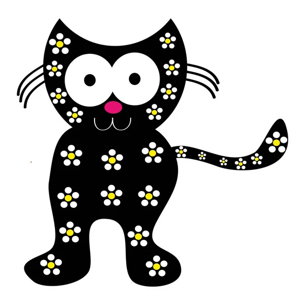 Черный кот с цветами на белом фоне — стоковый вектор