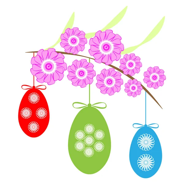 Huevos de Pascua con rama sobre fondo blanco — Vector de stock