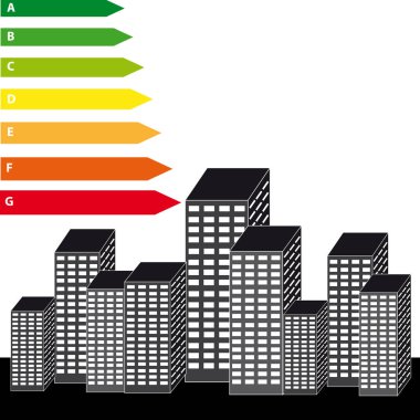 Beyaz arka plan üzerinde gökdelenler etiketlerle enerji