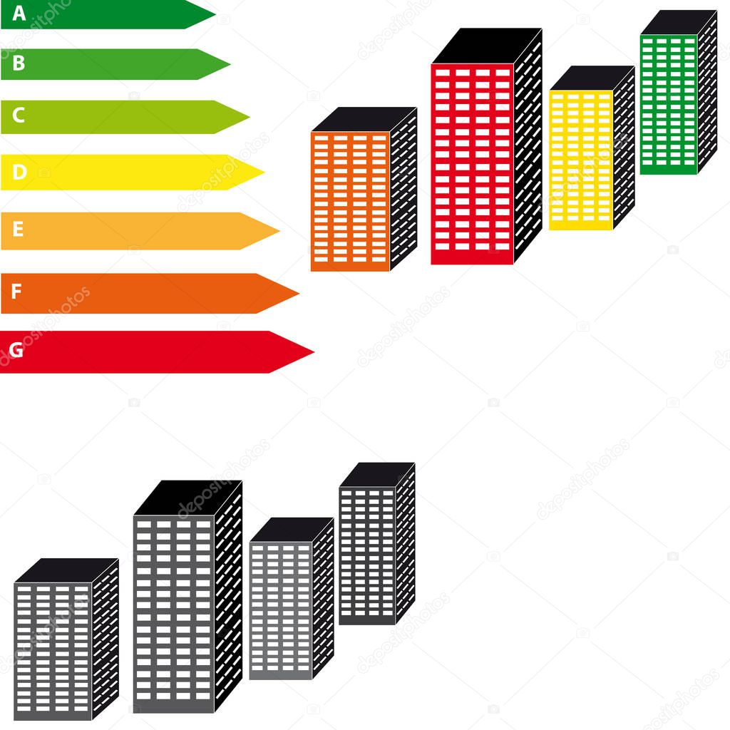 Energy labels with skyscrapers on white background