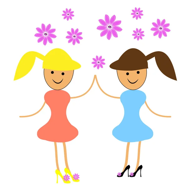 Dos chicas bailando con flores — Vector de stock