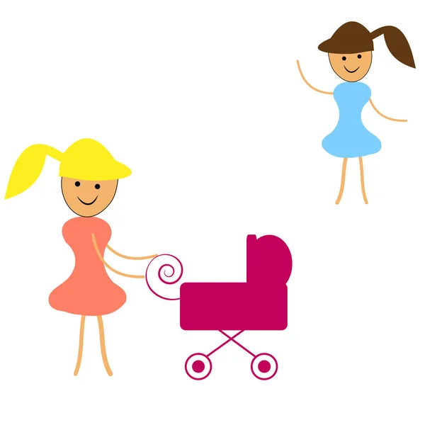 Zwei Mädchen mit Kinderwagen auf weißem Hintergrund — Stockvektor