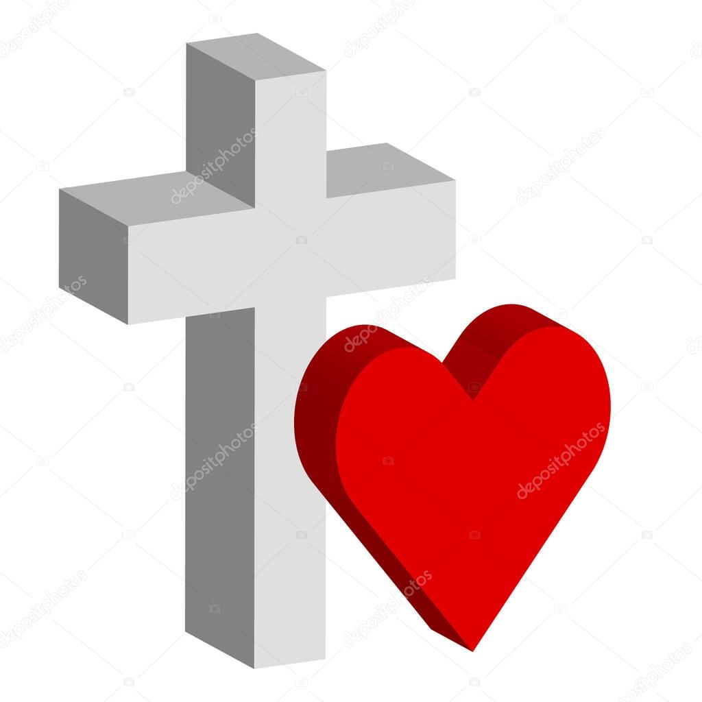 3d symbols cross and heart  isolated on white  background