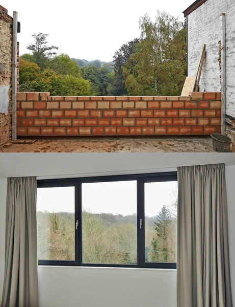 La construcción de la pared para la habitación antes y después — Foto de Stock