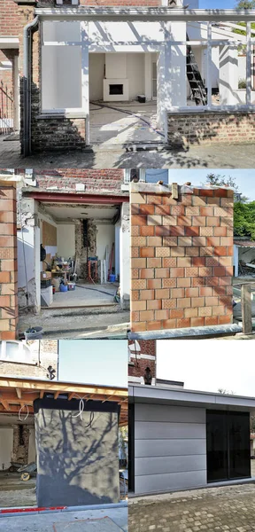 Четыре этапа строительства - Новое современное расширение дома — стоковое фото