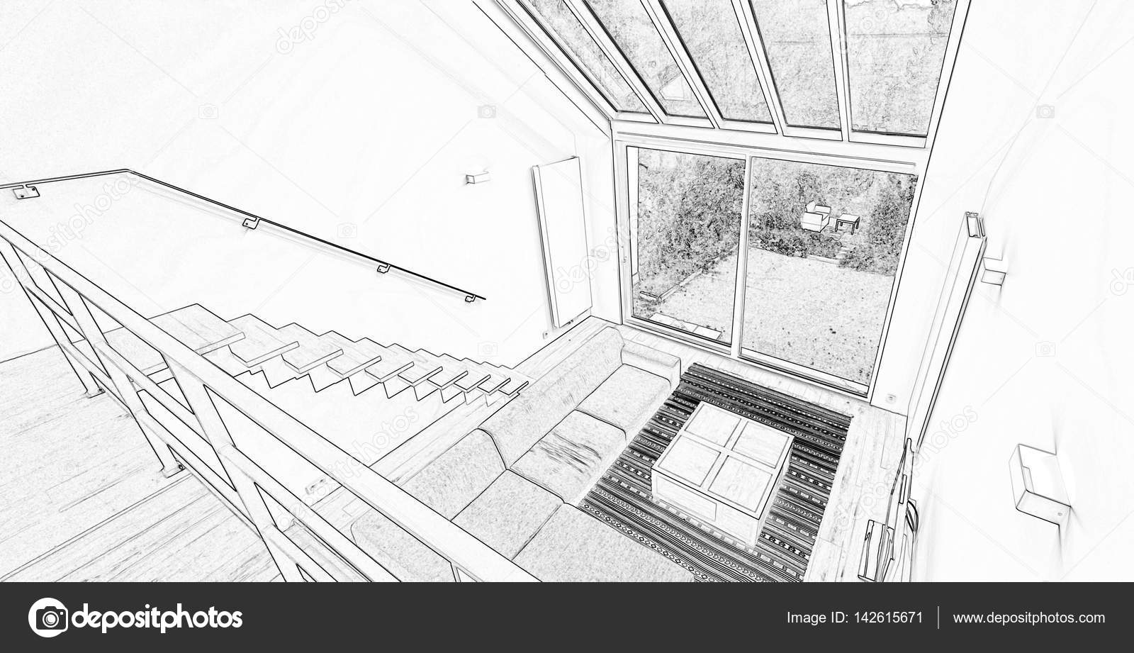 Tekening van een moderne woonkamer met grote ramen — Stockfoto ... Tekening van een moderne woonkamer met grote ramen — Stockfoto ...