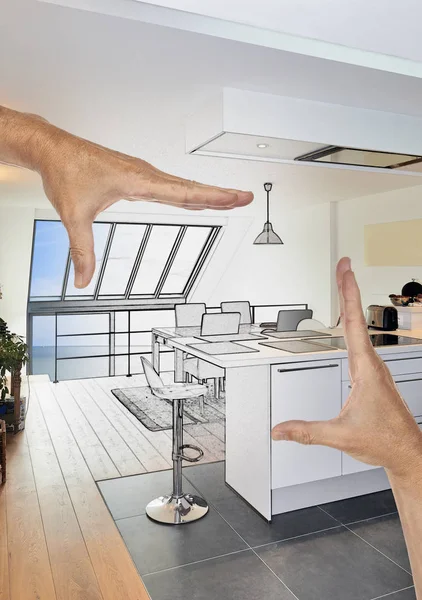 Planerad renovering av ett modernt öppet kök i renoverat hus — Stockfoto