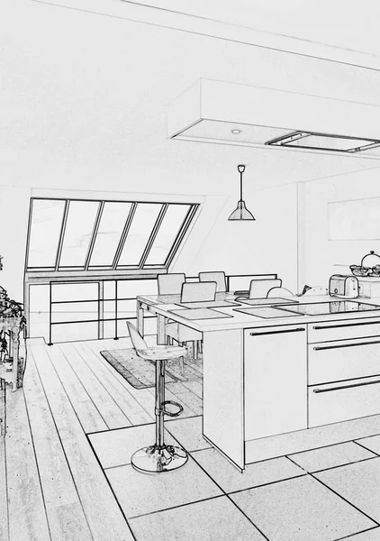 Sketch of a  Modern open kitchen in renovated house — Stock Photo, Image