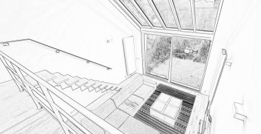 Büyük pencereler ile Modern bir oturma odası çizimi