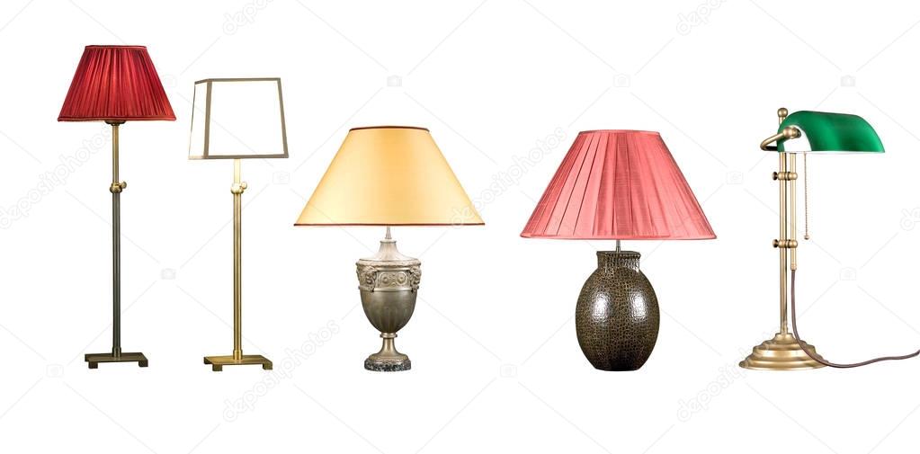 Five Decorative table lamps isolated on white background