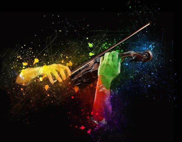 Hands playing  wooden violin with notes flying — Stock Photo, Image