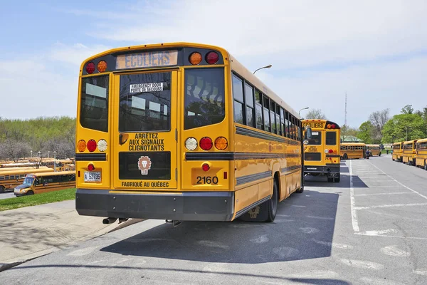 Rengeteg az iskolabuszt, várakozás a gyermekek — Stock Fotó