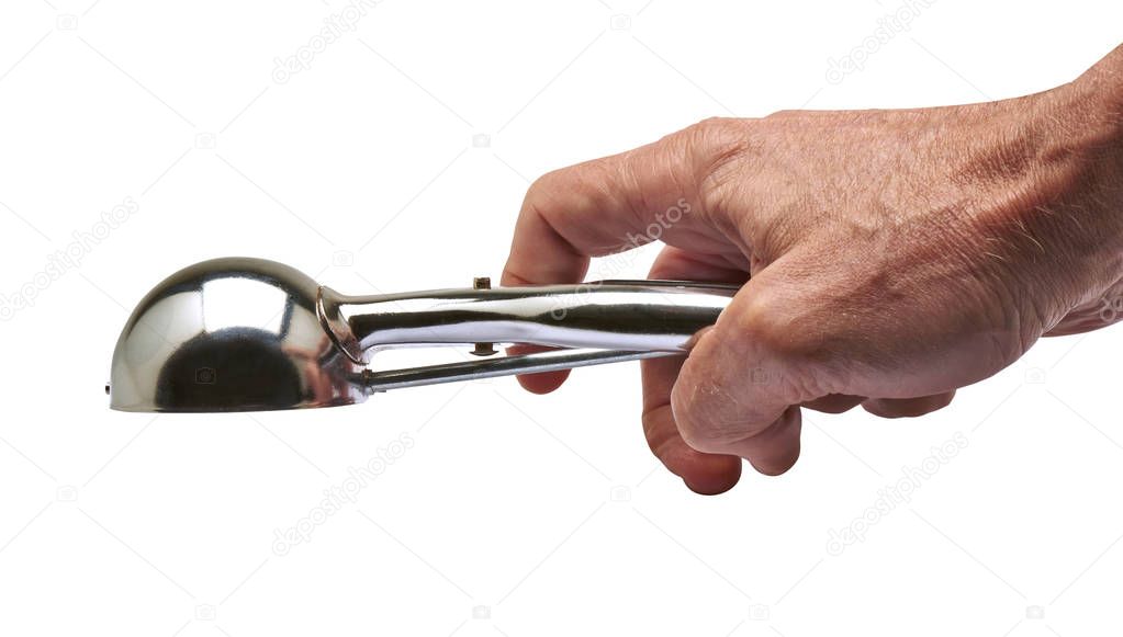 Male hand holding a Used Metal Ice Cream Scooper