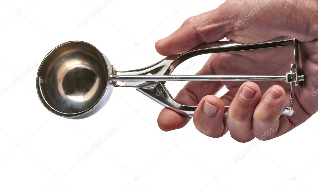 Male hand holding a Used Metal Ice Cream Scooper