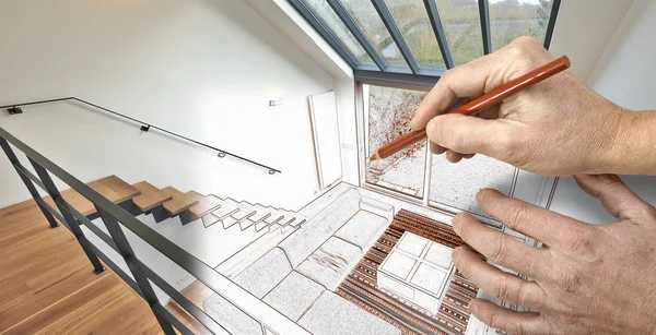 Tekening van de renovatie van een moderne woonkamer met grote ramen — Stockfoto