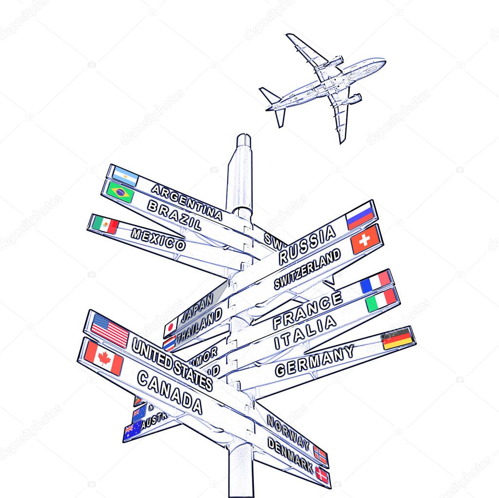 Sketch of Road sign with flags and countries,