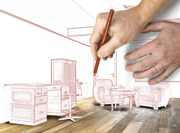 木製の床、オフィス インテリアの広いロフトを計画 — ストック写真
