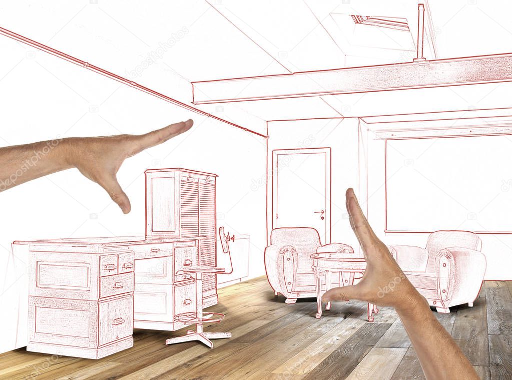 planned interior wide loft, office and wooden floor