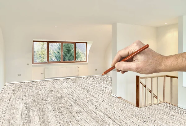 Hand Drawing a hardwood floor for renovation — Stock Photo, Image