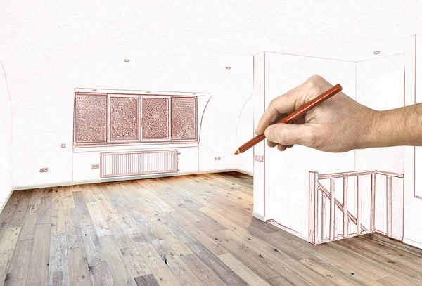 Two hands Drawing walls and windows — Stock Photo, Image