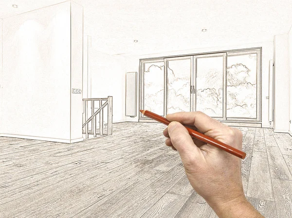 Dibujo y renovación planificada de un interior moderno — Foto de Stock