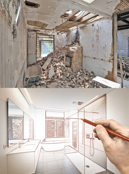 Drawing and planned Renovation of a bathroom — Stock Photo, Image