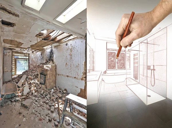 Kreslení a plánované rekonstrukce koupelny — Stock fotografie
