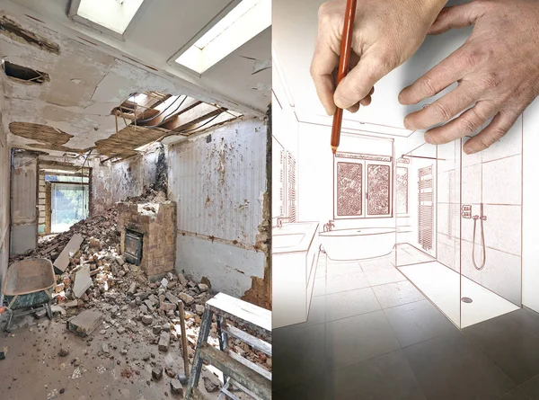 Drawing and planned Renovation of a bathroom — Stock Photo, Image