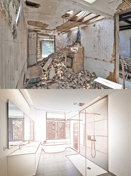 Ritning och planerade renovering av badrum — Stockfoto
